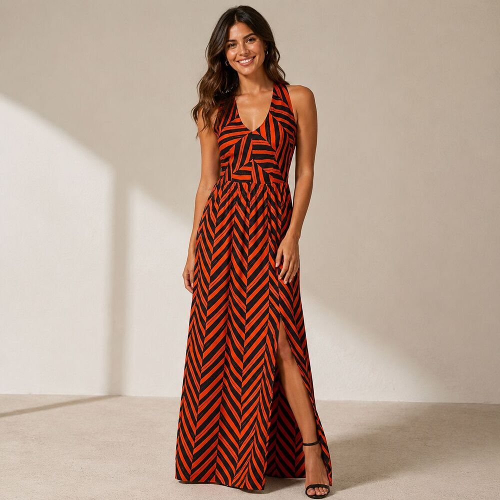 Milly Caroline Maxi Dress Size 0 Silk Red Black Chevron Cutout Back Made in USA
